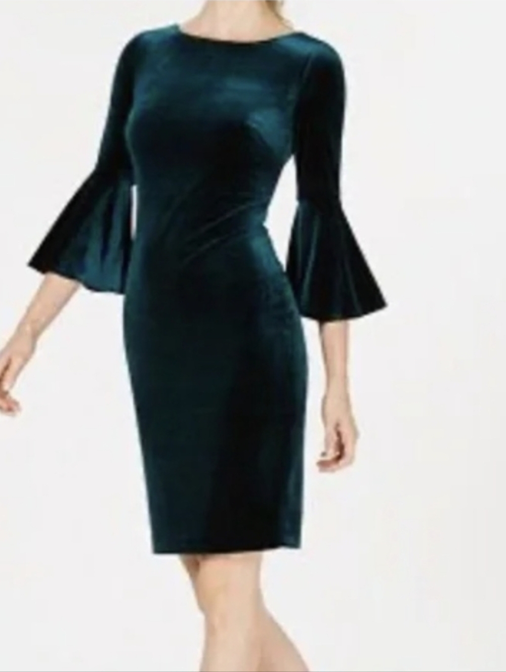 Calvin Klein Elegant Teal Velvet Bell-Sleeve Sheath Dress